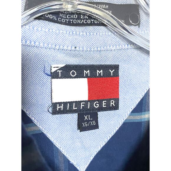 Tommy Hilfiger Blue Gray Plaid Button Shirt Pocket Logo Mens XL Vintage 2003 Y2K - Picture 4 of 7
